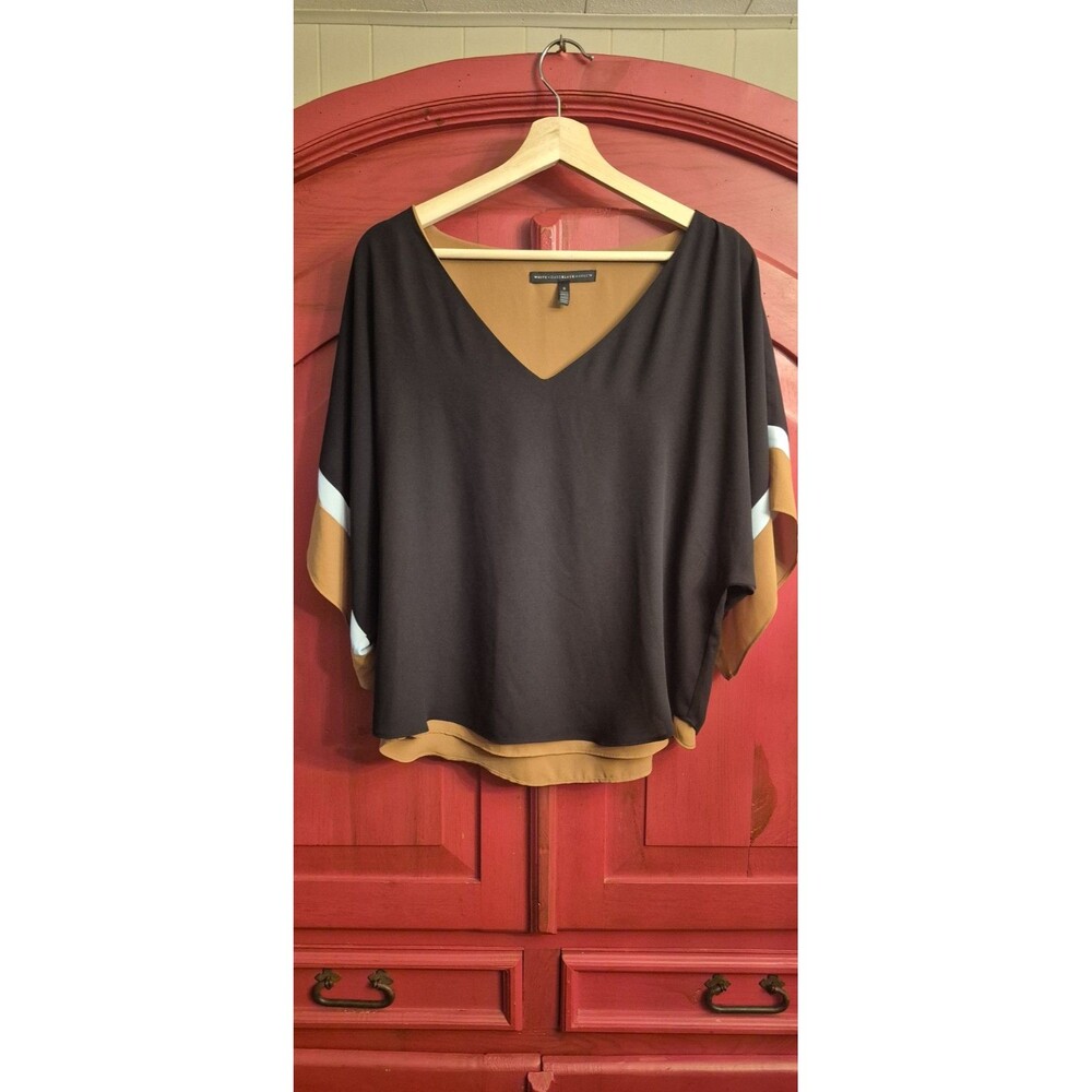 White House Black Market S Dolman Blouse Top V-Neck Layered Stripe Brown Tan EUC